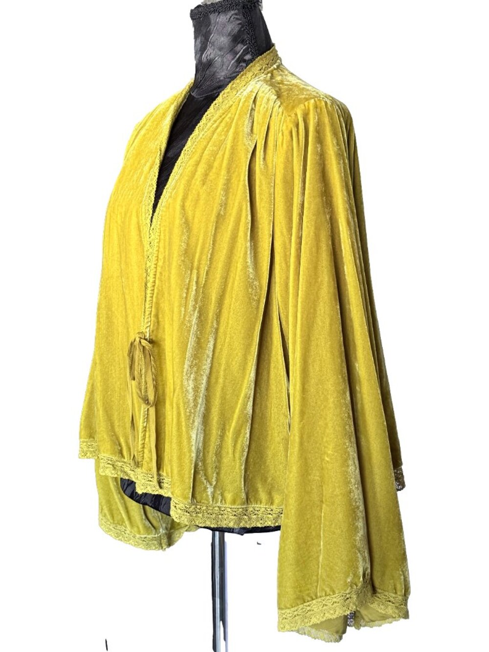 FREE PEOPLE Chartreuse Velvet Lace Trim Tie Front Jacket Boho Small